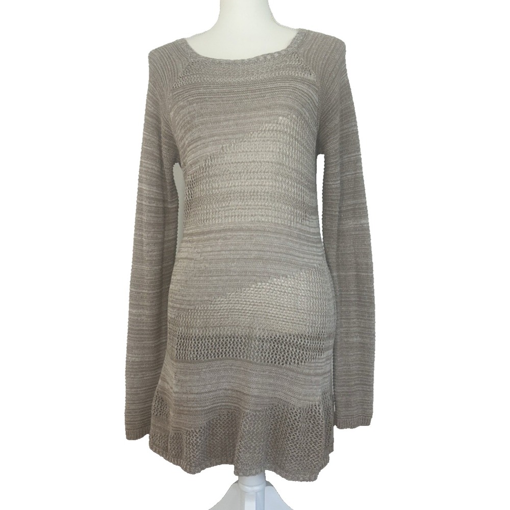 Hem & thread  Crochett  Boho Sweater Size L Mixed Tan Cream Long Sleeve Popover